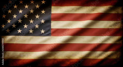 vintage american flag waving in dramatic golden sunlight with distressed texture for patriotic themes