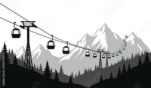 Fotografía ski resort aerial tramway illustration with mountain range and pine trees in bla