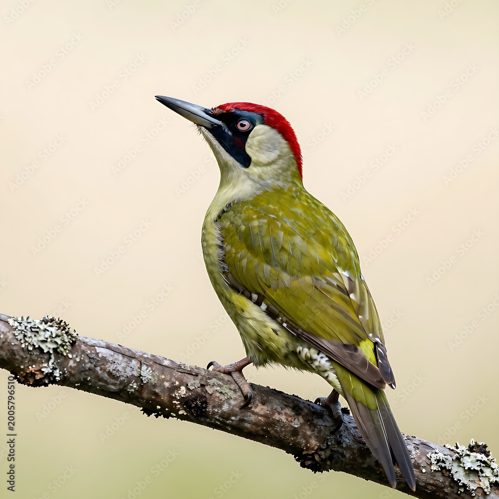 Fototapeta premium European green woodpecker with red crown perched on a lichen branch