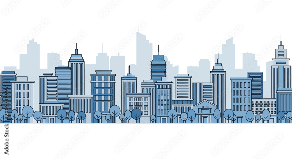 Fototapeta premium Blue Skyline Silhouette of City Buildings and Trees, Urban Landscape Illustration