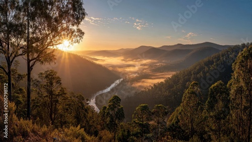 Sunrise Over Mountain Valley With River