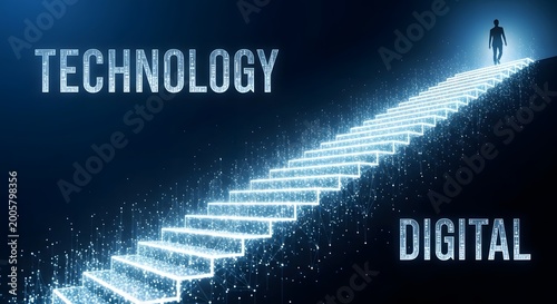 Digital stairway to technology with a person ascending technology progress silhouette abstract information