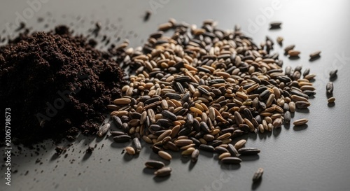 Heap of raw wild rice and mound of dark soil on a gray surface. Agricultural concept representing organic farming, seed sowing process, gardening and nature growth cycle discovery.