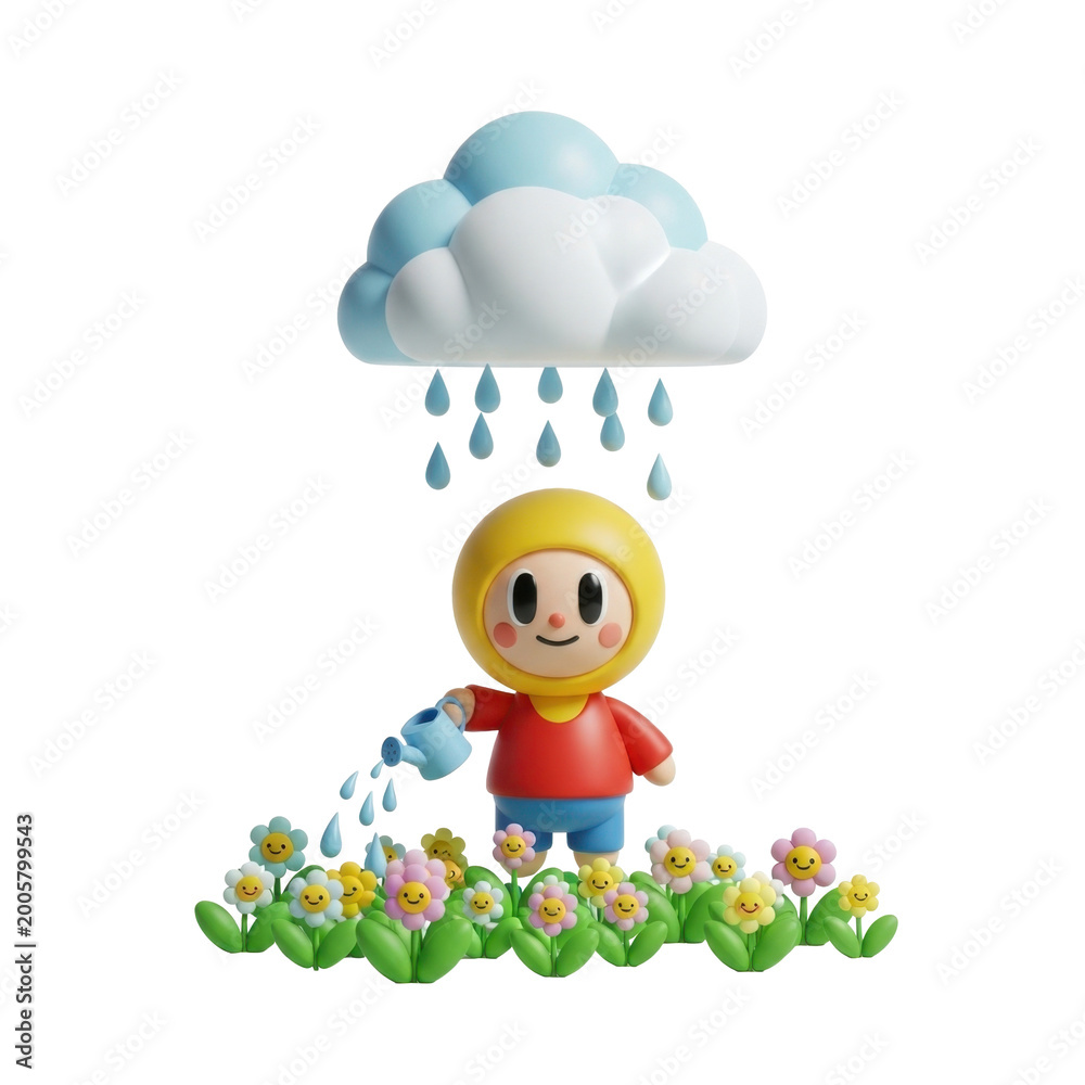 Obraz premium Child watering smiling flowers under rain cloud
