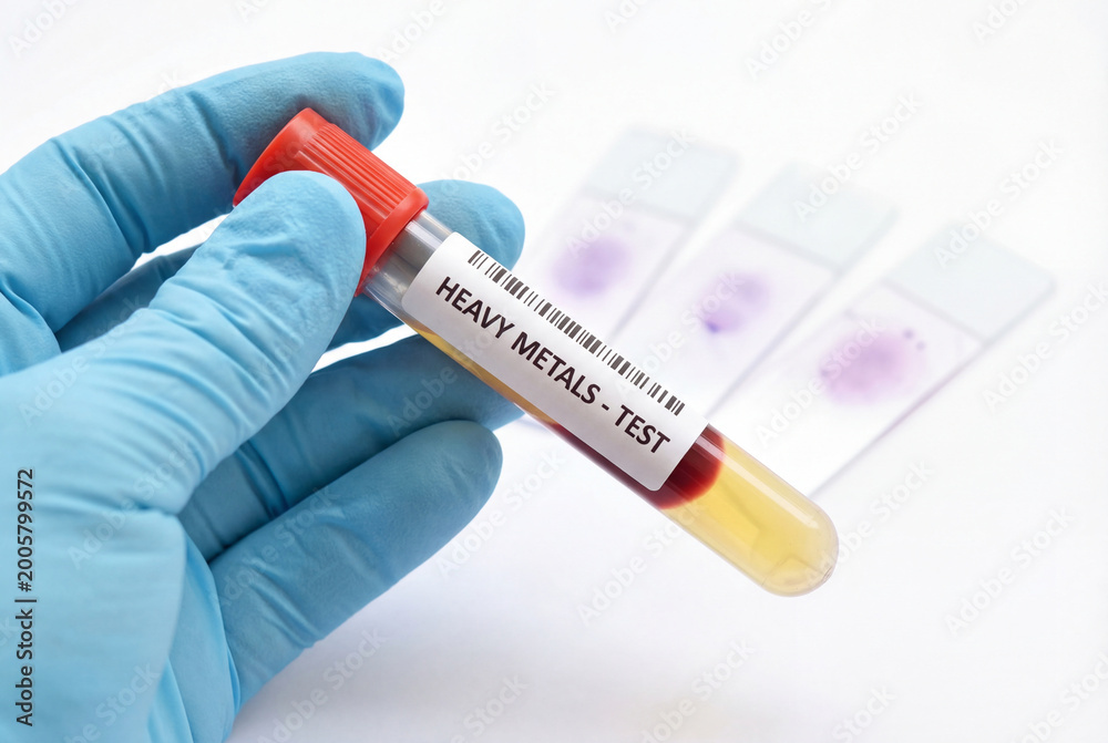 Fototapeta premium Technician holding a blood sample for a heavy metals toxicology test