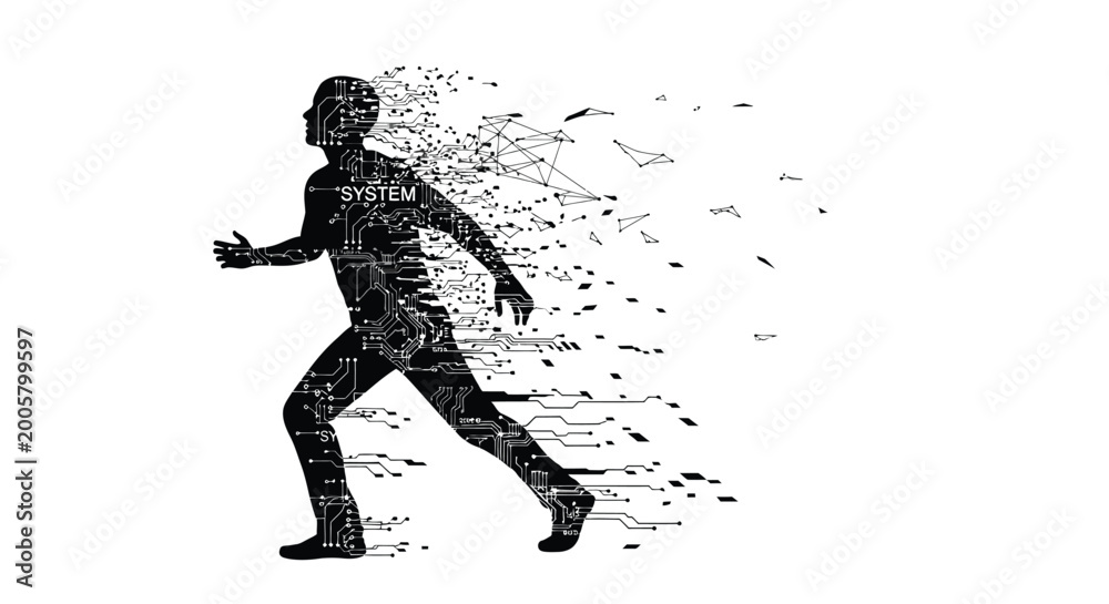Fototapeta premium Disintegrating human figure representing transformation and digital breakdown concept
