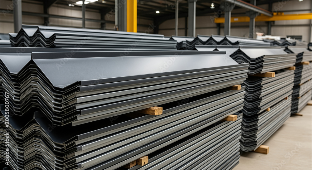 Naklejka premium Stacked dark gray metal roofing panels in warehouse, showing texture and pattern for construction or design