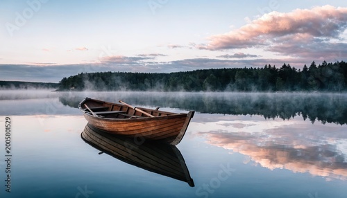Wooden Rowboat on Misty Morning Lake with Soft Pastel Reflections
