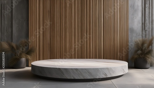studio room for product presentation against the background of a concrete wall empty 3d marble podium with vertical wooden panels slats premium mockup for beauty or food