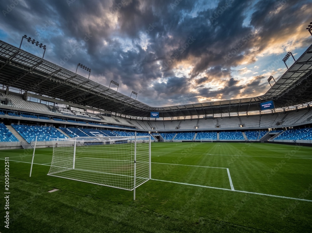 Fototapeta premium Wide-angle stadium shot showing a clean goal post before kickoff, empty gallery, dramatic sky, hyper realistic lighting