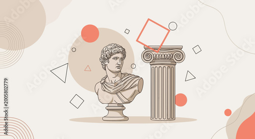 Ancient Greek Sculpture Bust and Column with Abstract Geometric Shapes