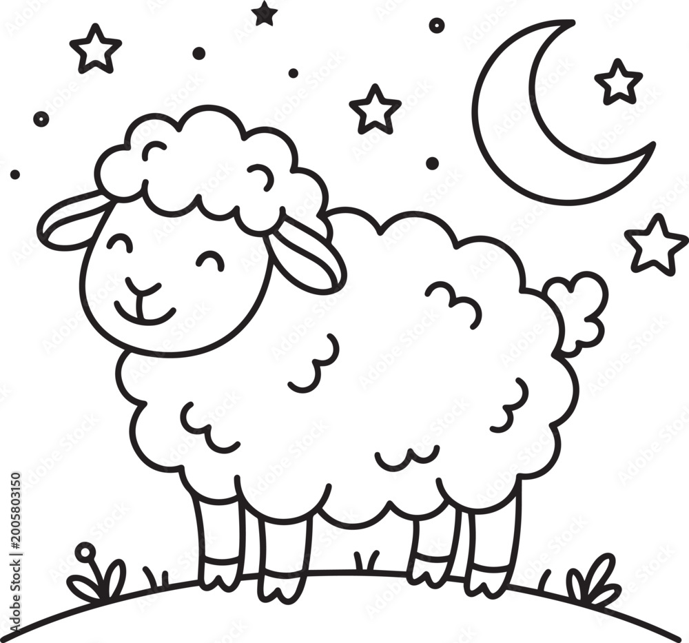 Obraz premium cute cartoon sheep under crescent moon and stars at night pastoral scene illustration
