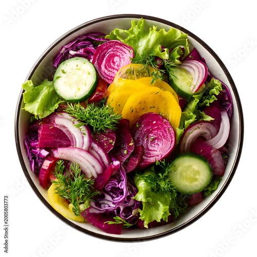 Fresh Gourmet Salad Bowl with Mixed Greens, Tomatoes, Radish, Egg and Red Onion – Top View