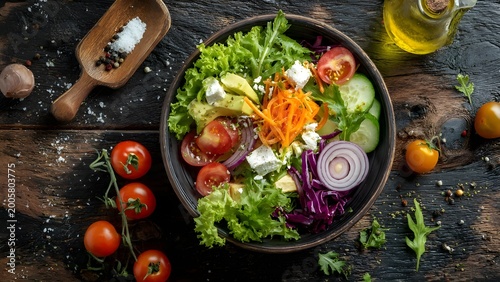 Fresh Gourmet Salad Bowl with Mixed Greens, Tomatoes, Radish, Egg and Red Onion – Top View
