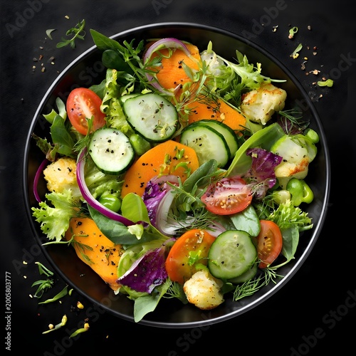 Fresh Gourmet Salad Bowl with Mixed Greens, Tomatoes, Radish, Egg and Red Onion – Top View