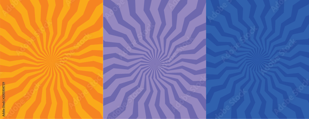 Fototapeta premium Set of Retro Psychedelic Wavy Sunburst Backgrounds – Vibrant Orange, Lavender Purple, and Deep Blue Optical Illusion Swirl Patterns for Modern Social Media, Posters, and Creative Graphic Design Projec