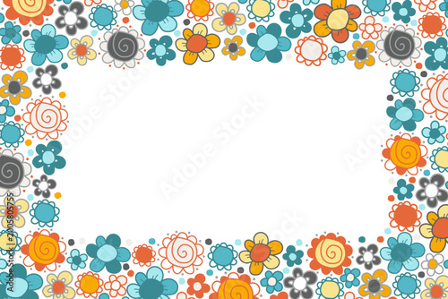 Flower frame background. Colorful floral border. Blue orange gray vector daisy on transparent free space. Summer blossom cute rectangular nature template