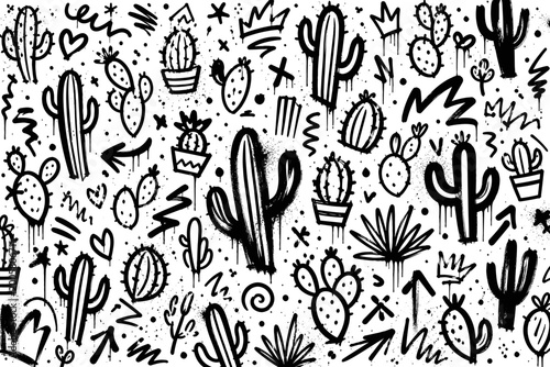 Black and white graffiti cactus vector background with chaotic doodle desert plants arrows symbols and expressive urban street art composition