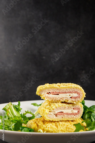Canvas-taulu Cutlet Cordon Bleu chicken fillet, ham, cheese main course, meat dish tasty snac
