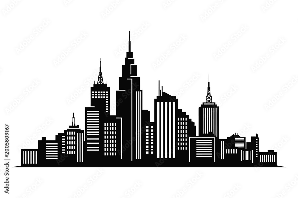 Fototapeta premium Cityscape silhouette a dramatic black and white skyline of modern urban architecture