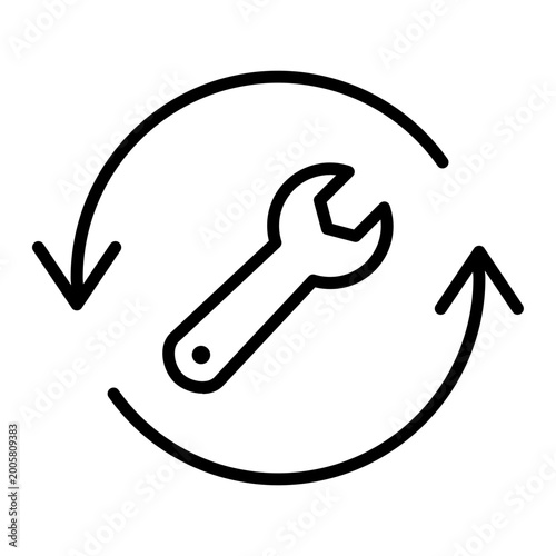 Single black repair update line icon, simple wrench tool arrow cycle outline flat design vector pictogram, infographic interface elements for app logo web button ui ux isolated on white background