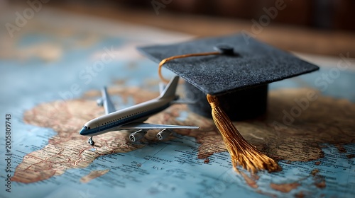 Graduation cap and toy airplane on world map