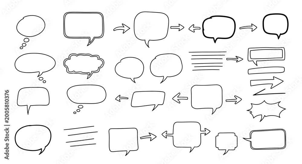 Obraz premium Hand-drawn speech bubbles and arrows, blank message boxes for text, vector elements.