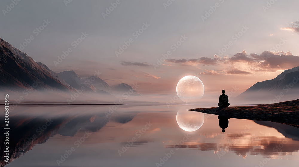 Fototapeta premium Person seated in meditative pose by a calm lake at twilight, glowing moon reflecting on water, misty mountains framing a serene, contemplative moment of inner peace and renewal