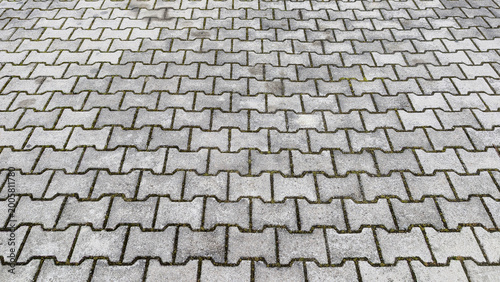 Photos Interlocking gray concrete pavers forming a textured pavement pattern with moss