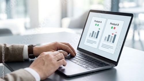 Business professional comparing product performance on laptop dashboard, digital decision making concept for analytics, benchmarking, strategy review and software evaluation       