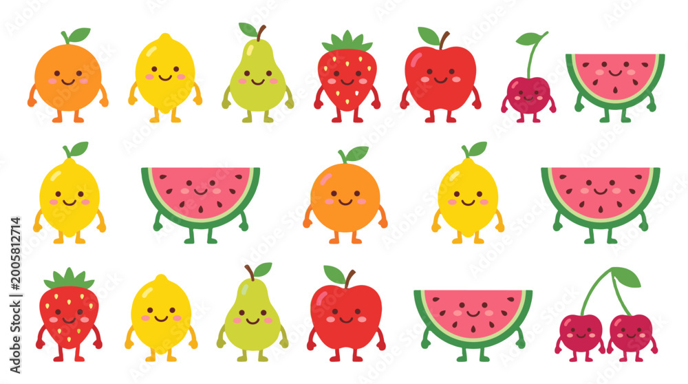 Fototapeta premium cute cartoon fruit characters set with happy faces and summer vibes
