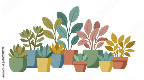 Fotografi flat design potted houseplants collection in colorful pots on white background