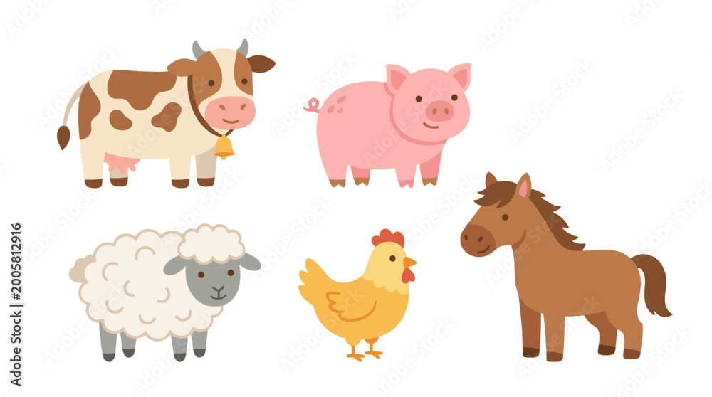 Fototapeta premium flat design farm animals set with pig cow sheep chicken and horse illustration