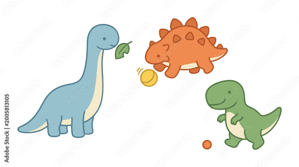 Fototapeta premium cartoon dinosaurs eating fruits in playful flat design illustration