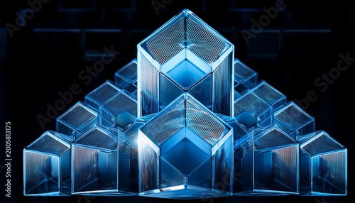 a complex geometric structure made of transparent blue glass cubes arranged in an intricate pattern against a black background