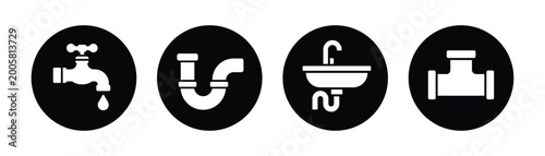 Plumbing Icons Set Black and White Faucet Pipe Sink Valve in Circle Style, Water System and Sanitary Symbols for Maintenance, Repair and Industrial Design