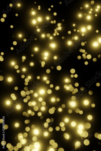 Bokeh yellow golden lights. Abstract background with gold bokeh particles rise upwards on black background