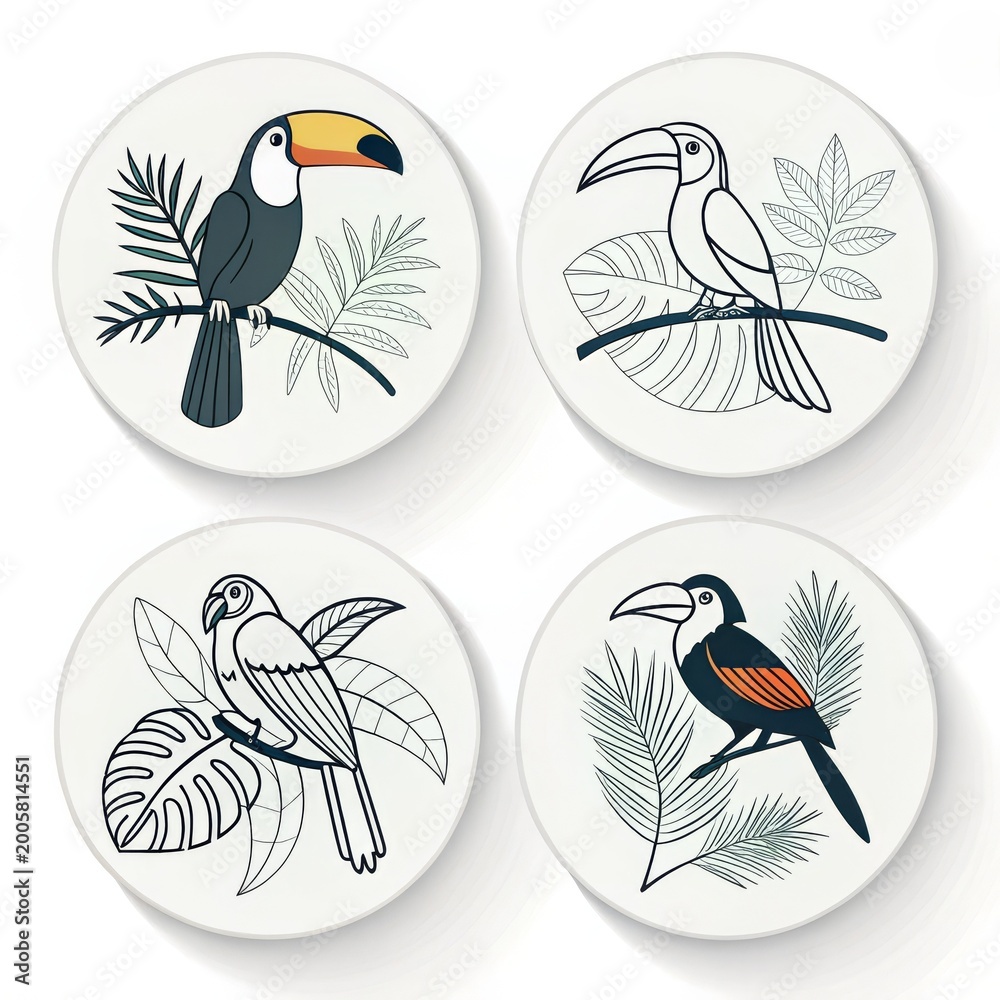 Fototapeta premium Four round coasters displaying toucan and parrot illustrations with tropical leaves on a white background
