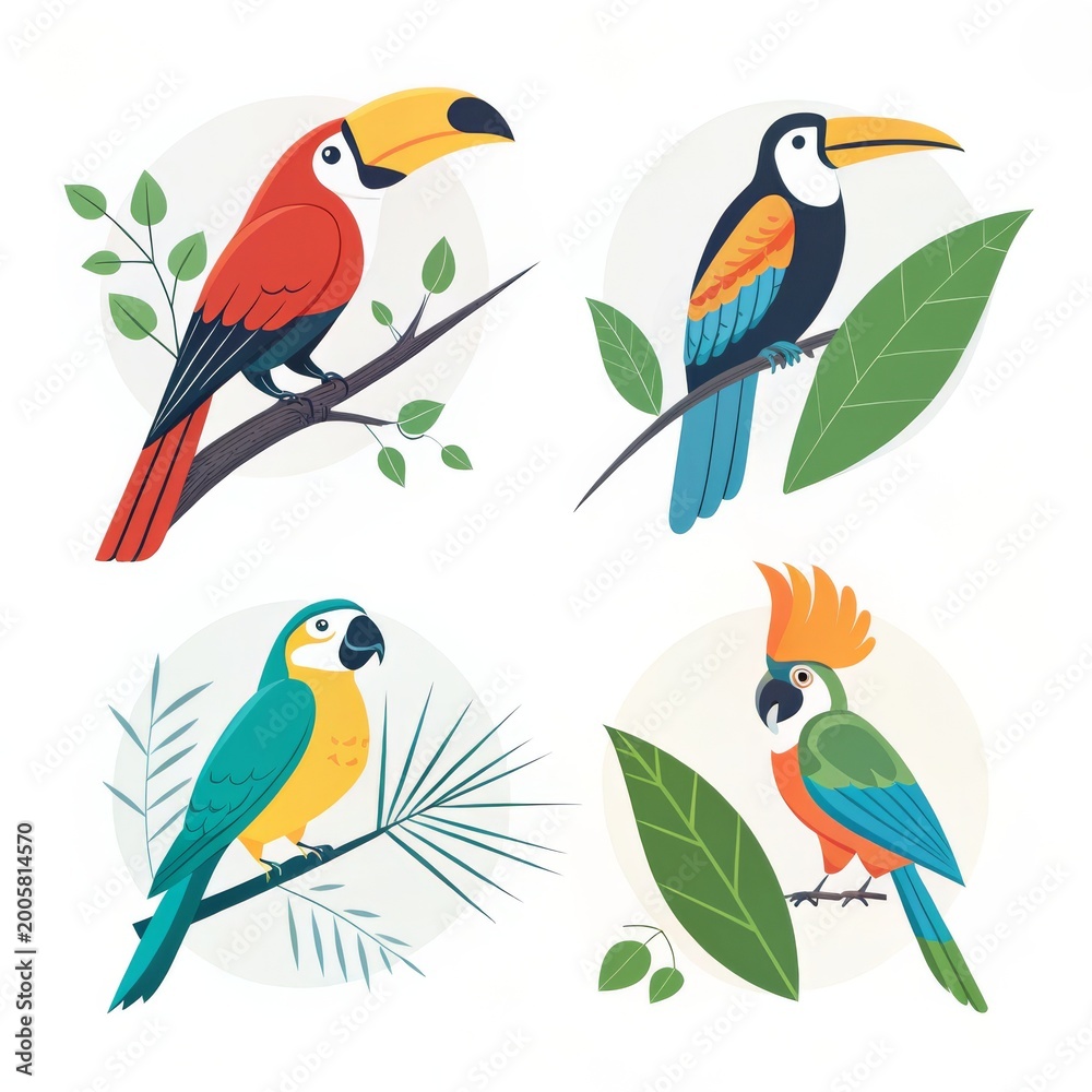 Fototapeta premium Illustration of four different tropical birds perched on branches with leaves around them