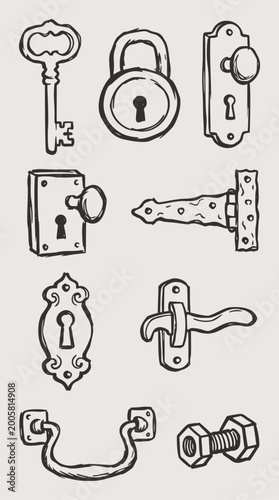 Collection of antique hand-drawn vector elements featuring keys, locks, doorknobs, and hinges in a rustic sketch style artwork