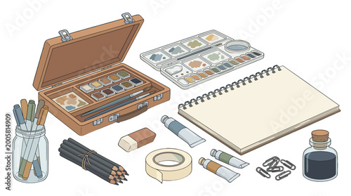 Εκτύπωση καμβά flat lay art supplies sketchbook with colored pencils and watercolor set