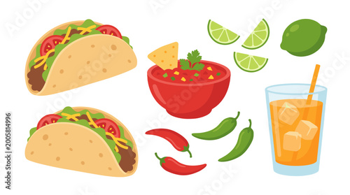 Obraz na plátně fresh mexican tacos with salsa lime and refreshing citrus drink flat lay