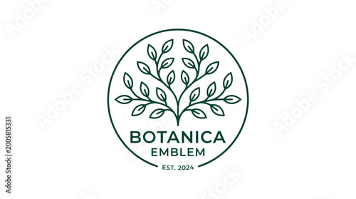 Botanica Emblem Logo Design with Stylized Green Leafy Branch on an Isolated White Background