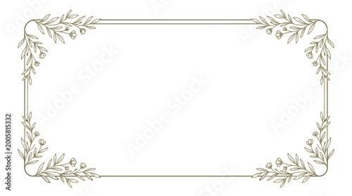 Minimalist Rectangular Frame with Elegant Gold-Brown Leaf Accents on an Isolated White Background