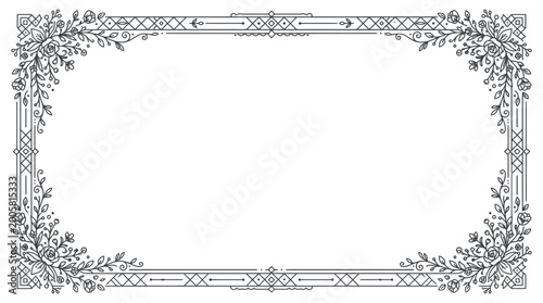 Ornate Rectangular Frame with Intricate Geometric and Floral Black Line Art on an Isolated White Background