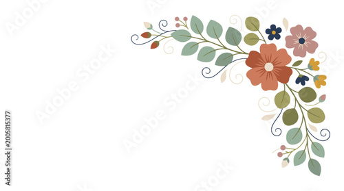 Charming rustic floral corner design with red and blue flowers and green leaves on isolated white background.