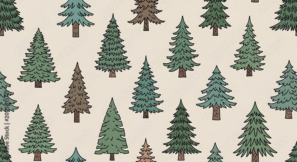 Fototapeta premium Repeating pattern of stylized pine trees in various shades of green and brown, perfect for holiday or nature-themed designs, fabric printing, or wallpaper.
