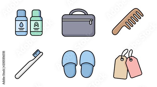 Φωτογραφία flat lay travel essentials set with toiletries and slippers on neutral backgroun