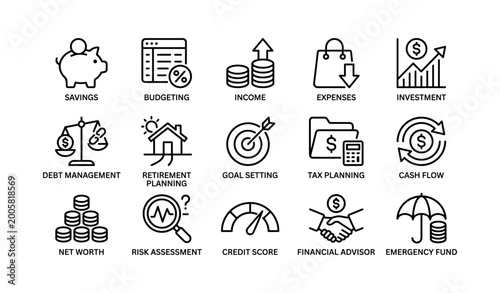 Finance and personal money icons showing planning and growth