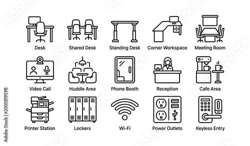 Workspace amenities icons showing office facilities on white background